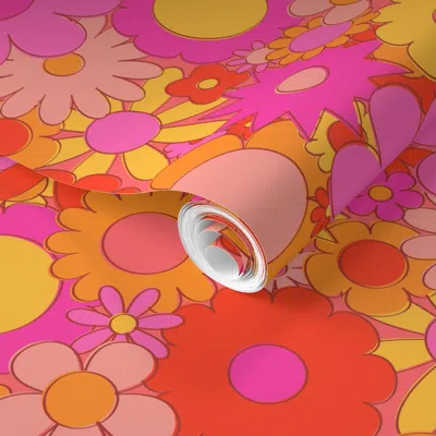 Spoonflower Pre-pasted Wallpaper Funky Daisy Floral In Orange + Pink 2' X 12' Removable