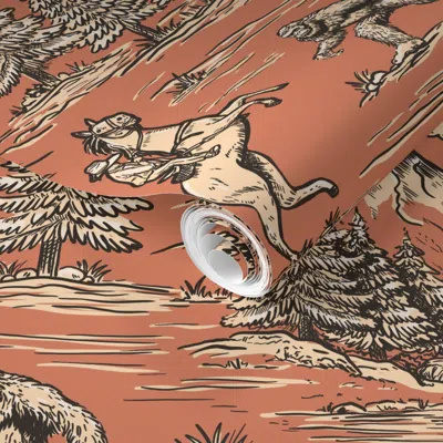 Spoonflower Pre-pasted Wallpaper Funny Bigfoot Sasquatch Toile De Jouy Western Large Scale Rust Red 2' X 12' Rem In Brown