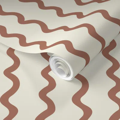 Spoonflower Pre-pasted Wallpaper Fuzzy Curvy Stripes - Minimalist Wavy Lines - Brown & White - Medium Scale 2' X