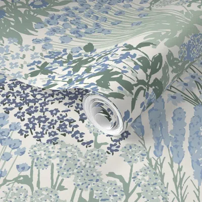 Spoonflower Pre-pasted Wallpaper Garden Bloom Floral Jumbo Large Blue Hufton Studio 2' X 12' Removable In Multi