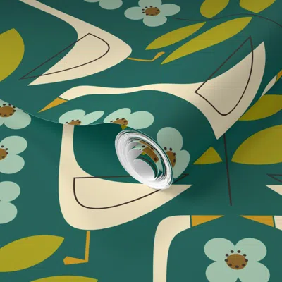 Spoonflower Pre-pasted Wallpaper Garden Geese - Jade 2' X 12' Removable