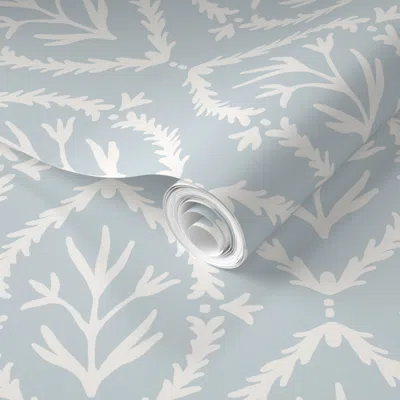 Spoonflower Pre-pasted Wallpaper Garden Party Grandmillennial Block Print On Blue 8in 2' X 12' Removable