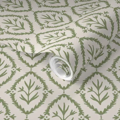 Spoonflower Pre-pasted Wallpaper Garden Party Green Tan 2' X 12' Removable