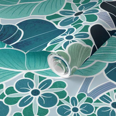 Spoonflower Pre-pasted Wallpaper Garden Peony Blue 2' X 12' Removable