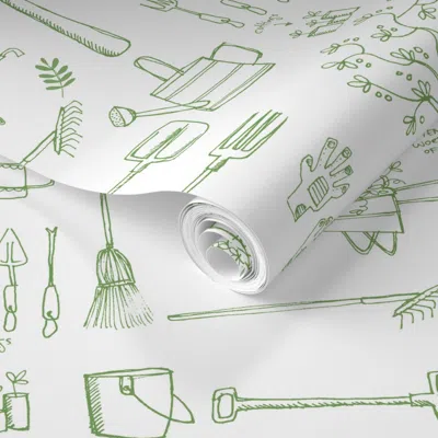 Spoonflower Pre-pasted Wallpaper Garden Tools 2' X 12' Removable In Green