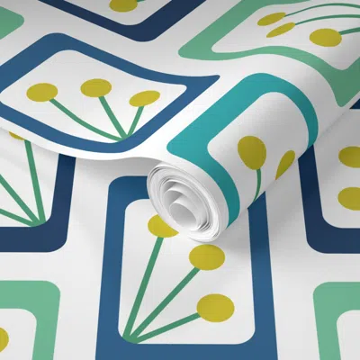 Spoonflower Pre-pasted Wallpaper Garden View Blue Green Yellow 2' X 12' Removable