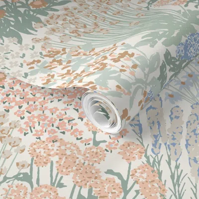 Spoonflower Pre-pasted Wallpaper Garden-bloom Floral Jumbo-large Blue And Peach Multi Hufton-studio 2' X 12' Rem
