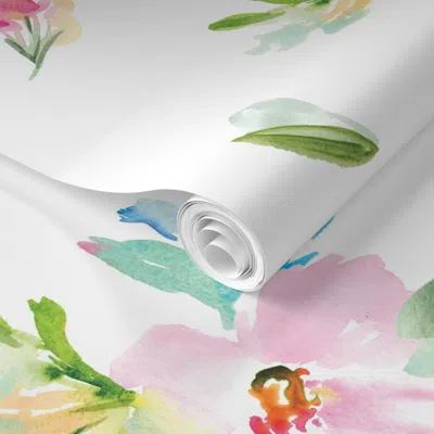 Spoonflower Pre-pasted Wallpaper Gemma Watercolor Flowers Tossed 2' X 12' Removable