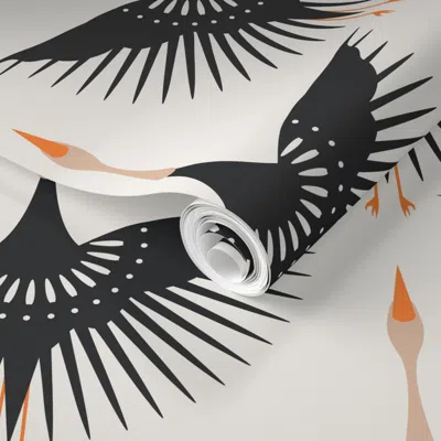 Spoonflower Pre-pasted Wallpaper Geometric Art Deco Cranes - Black On Cream - Large Scale 2' X 12' Removable In Multi