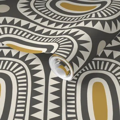 Spoonflower Pre-pasted Wallpaper Geometric Sun Ovals - Charcoal Black And Mustard (medium) 2' X 12' Removable