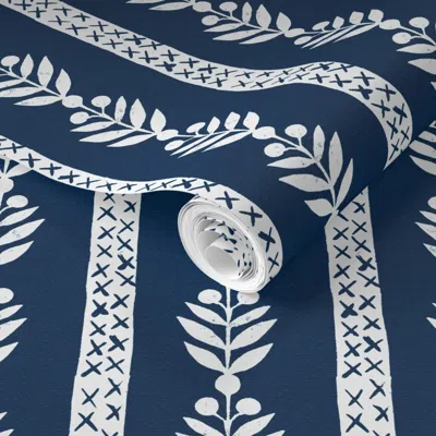 Spoonflower Pre-pasted Wallpaper Georgiana Reverse Navy 2' X 12' Removable