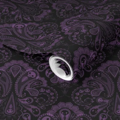 Spoonflower Pre-pasted Wallpaper Ghost Paisley - Purple & Black  Removable