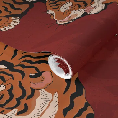 Spoonflower Pre-pasted Wallpaper Giant Tiger On Linen Traditional Red  Removable