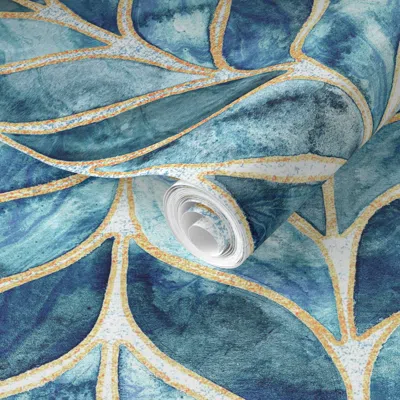 Spoonflower Pre-pasted Wallpaper Gilded Watercolor Whale Tail Tiles - Medium Scale 2' X 12' Removable