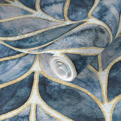 Spoonflower Pre-pasted Wallpaper Gilded Watercolor Whale Tail Tiles - Navy - Medium Scale 2' X 12' Removable