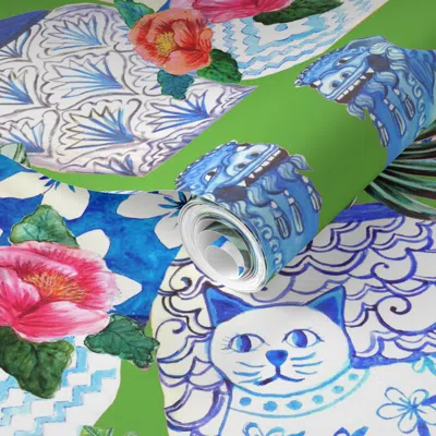Spoonflower Pre-pasted Wallpaper Ginger Jars And Foo Dogs In Blue And White On Emerald Green 2' X 12' Removable