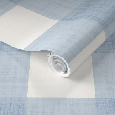 Spoonflower Pre-pasted Wallpaper Gingham Check - Linen Texture Custom Color - Medium Blue - Nursery Walls  Remov