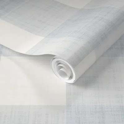 Spoonflower Pre-pasted Wallpaper Gingham Check - Linen Texture -french Pastel Dusty Blue - Calm Coastal  Removab
