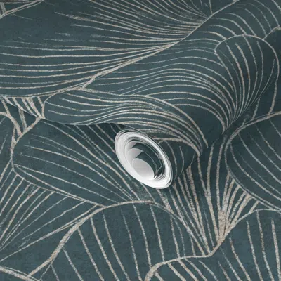 Spoonflower Pre-pasted Wallpaper Gingko Leaf Japandi Glam Walls Plaster Texture Minimalist Modern Teal Blue 2' X