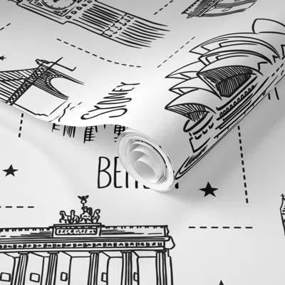 Spoonflower Pre-pasted Wallpaper Globetrotter - Travel Map Coloring Book Style 2' X 12' Removable In Multi