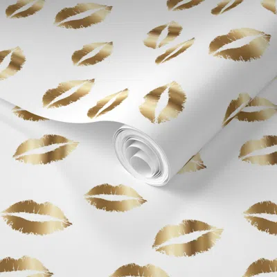 Spoonflower Pre-pasted Wallpaper Gold Lips On White Gold Kiss Print Lip 2' X 12' Removable