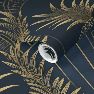 Spoonflower Pre-pasted Wallpaper Gold Pineapple Navy Deco Scallop Shell Palm Frond 2' X 12' Removable