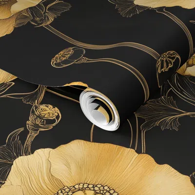 Spoonflower Pre-pasted Wallpaper Gold Poppies In The Evening 2' X 12' Removable