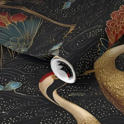 Spoonflower Pre-pasted Wallpaper Golden Art Deco Cranes 2' X 12' Removable