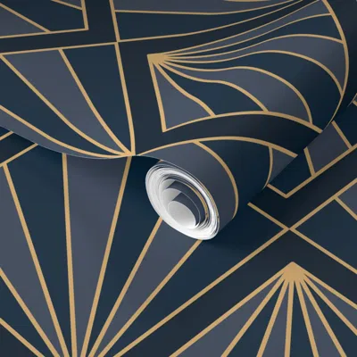 Spoonflower Pre-pasted Wallpaper Golden Art Deco Sunburst Geometric Fan And Diamond - Dusky Blue - Small 2' X 12