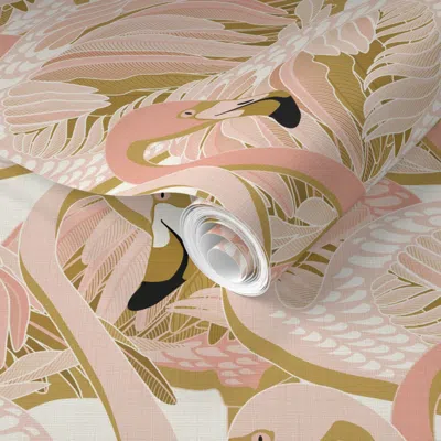 Spoonflower Pre-pasted Wallpaper Golden Flamingo Linen 2' X 12' Removable In Multi