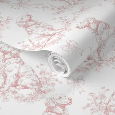Spoonflower Pre-pasted Wallpaper Golden Retriever Dog In Flowers And Bows Toile De Jouy - Light Pink Large 2' X 