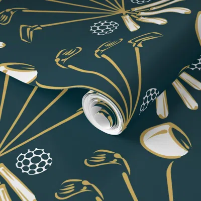 Spoonflower Pre-pasted Wallpaper Golf Sticks - Teal Green - Gold - White 2' X 12' Removable