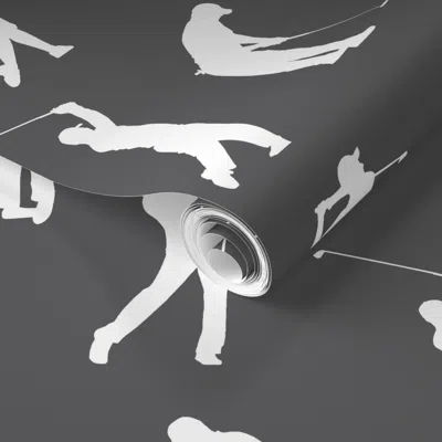Spoonflower Pre-pasted Wallpaper Golfers On Charcoal Grey // Large 2' X 12' Removable In Gray