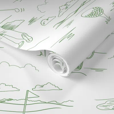 Spoonflower Pre-pasted Wallpaper Gone To Golf Heaven Toile De Jouy Green 2' X 12' Removable