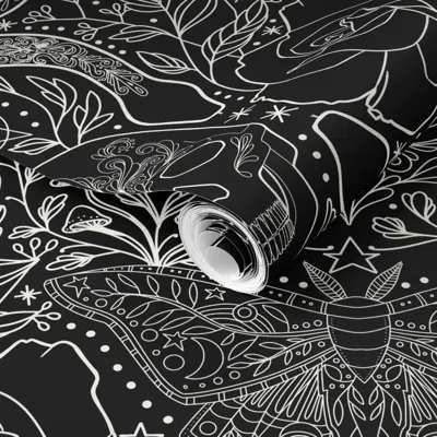 Spoonflower Pre-pasted Wallpaper Goth Gothic  Skull Mushroom Rose Snake Ornament Moth Black White 2' X 12' Remov