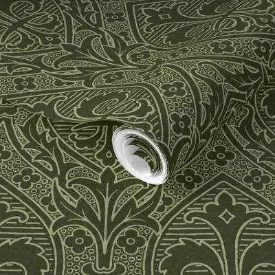 Spoonflower Pre-pasted Wallpaper Gothic Revival Fleur De Lys 6w Dark Olive Green 2' X 12' Removable