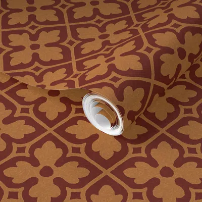 Spoonflower Pre-pasted Wallpaper Gothic Revival Quatrefoil Lattice - Red And Tawny  Removable