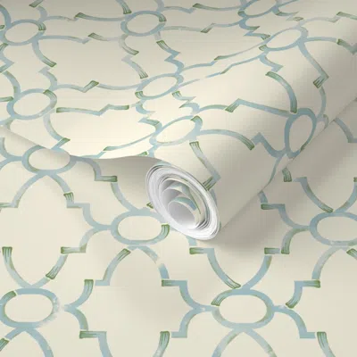 Spoonflower Pre-pasted Wallpaper Grandmillennial Bamboo Pavilion Trellis - Light Blue/green Watercolors -12 2' X In White