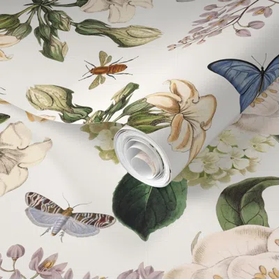 Spoonflower Pre-pasted Wallpaper Grandmillennial Summer Romance With Moody Peonies And Maximalist Roses 2' X 12' In White