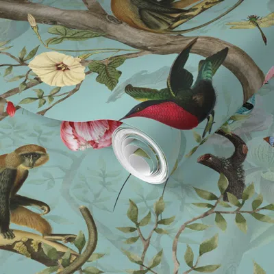 Spoonflower Pre-pasted Wallpaper Grandmillennial Vintage Tropical Whimsical Nostalgic Animals Monkeys Birds 2' X