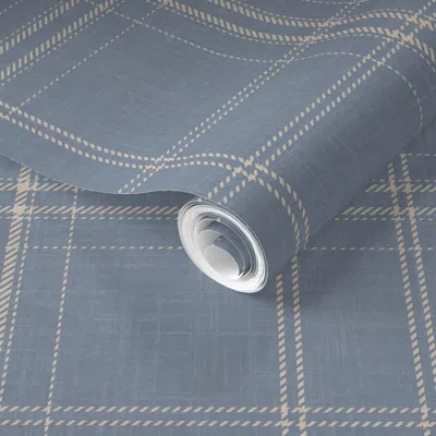 Spoonflower Pre-pasted Wallpaper Granny Classic Neutral Slate Blue And Cream Plaid - Chic Grid Stripes  Removabl In Gray