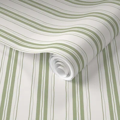 Spoonflower Pre-pasted Wallpaper Grass Green Hand Drawn Rustic Farmhouse Textured Thick And Thin Stripes 2' X 12