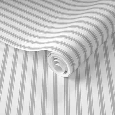 Spoonflower Pre-pasted Wallpaper Gray Ticking Stripe Grey Ticking Stripe French Stripe Grey Stripe  Removable In White/gray