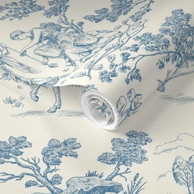 Spoonflower Pre-pasted Wallpaper Greek Mythology Toile Blue On Cream 2' X 12' Removable