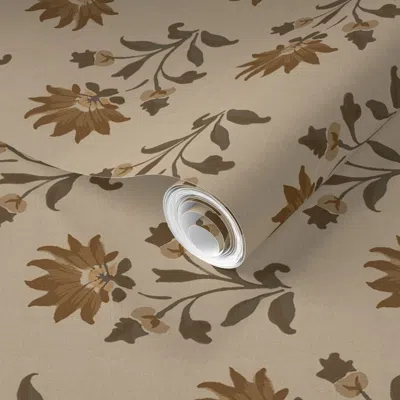 Spoonflower Pre-pasted Wallpaper Hadley Carnation On Brown Linen Railroaded 2' X 12' Removable