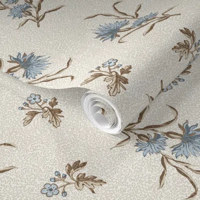 Spoonflower Pre-pasted Wallpaper Half Scale Edwina Floral Toss Brown Quiet Blues And Tan Copy 2' X 12' Removable