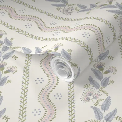Spoonflower Pre-pasted Wallpaper Half Scale Pale Pink Sage And Custom Blue On Cream 2' X 12' Removable