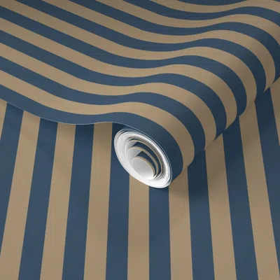 Spoonflower Pre-pasted Wallpaper Half-inch Stripes Tan And Dark Dusty Blue  Removable
