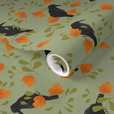Spoonflower Pre-pasted Wallpaper Halloween Crows In The Forest In Sage Large Scale 2' X 12' Removable