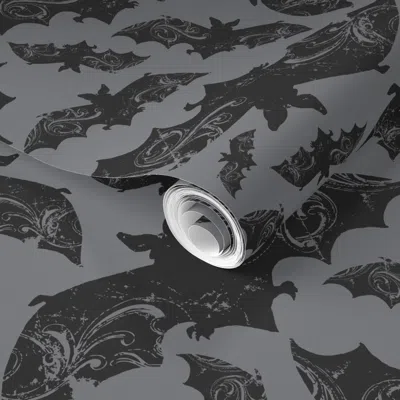 Spoonflower Pre-pasted Wallpaper Halloween Gothic Bats - Dark Academia Cottagecore Bats Gray Black (r)  Removabl